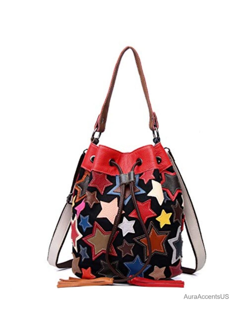 Genuine Cow Leather Drawstring Bucket Bag Boho Star Stitching Handbag